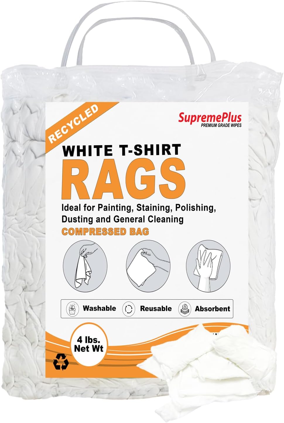 Recycled White T-Shirt Cleaning Rags (4 lbs. Bag) – Shop Rags Bulk for Oil, Stain, Grease, Paint, and Auto Cleaning, Multipurpose
