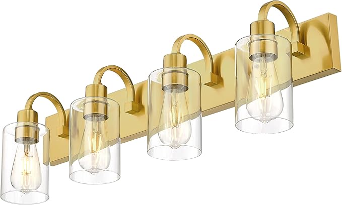 Emliviar 30 Inch Gold Vanity Light, 4-Light Bathroom Light Fixtures with Clear Glass Shade, Brushed Gold Finish, YCE237B-4W BG