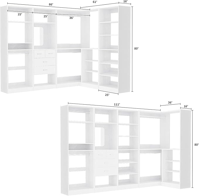 Unikito 110” Closet System with Drawers, 9.3FT Corner Closet Organizer with 4 Hanging Rods, Reversible Large Wood L Shaped Walk in Closets Wardrobe with Shoe Shelves, Max Load 3000LBS, Set of 4, White