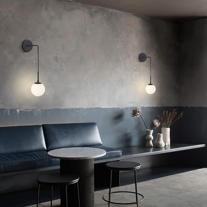 KCO Lighting Frosted White Glass Wall Sconce Set of Two Black Globe Ball Wall Light Adjustable Cord Industrial Vanity Wall Lamp for Bathroom Mirror Bedside Stairs (White)