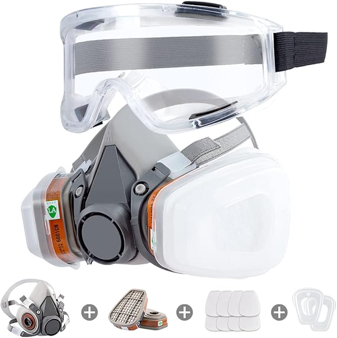 Reusable Half Face Gas Mask with Safety Glasses, Filters - For Painting, Welding, Woodworking