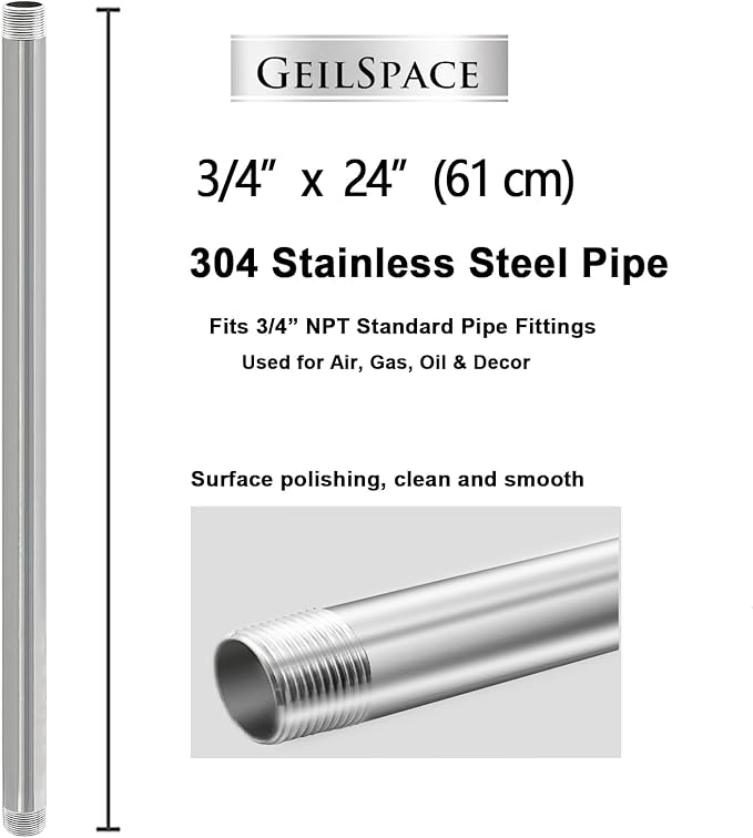 GeilSpace 3/4" x 24" Stainless Steel Pipe, 304 Pipe Nipple Fits Standard 3/4 Inch Threaded Pipes and Fittings, DIY Industrial Metal tube (2 PCS)