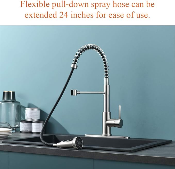 RULIA Kitchen Faucet, Kitchen Sink Faucet, Sink Faucet, Spring Pull-Down Kitchen Faucets, Bar Kitchen Faucet, Brushed Nickel, Stainless Steel, RB1027