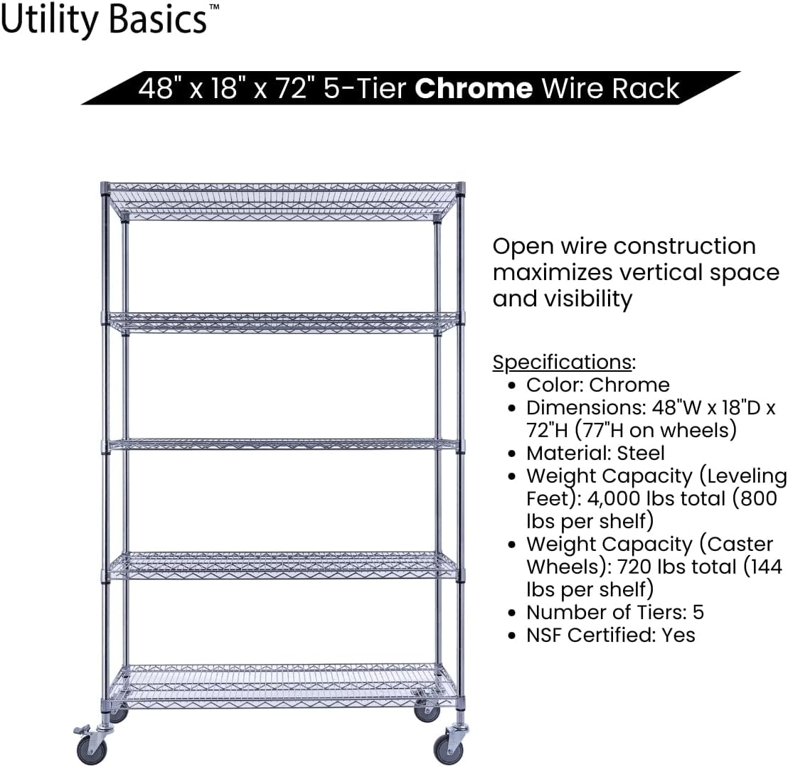 48"x18"x72" Chrome 5-Tier PREMIUM Wire Shelving NSF 4000 LBS MAX CAPACITY Heavy Duty Steel Storage Rack for Warehouses, Garages, Hospitals, Commercial Spaces, & Schools w/PREMIUM WHEELS