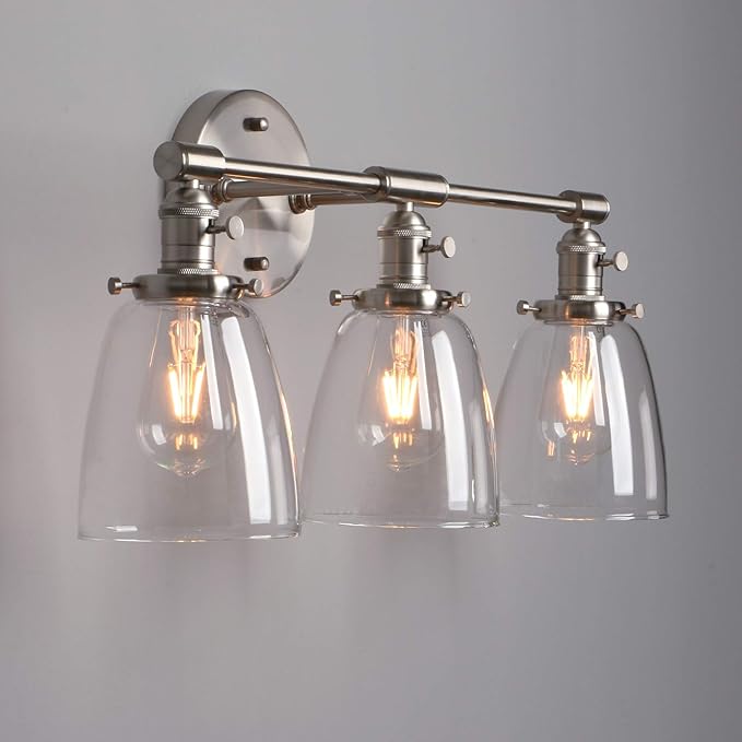 Phansthy 3-Light Wall Sconces Antique Brass Vanity Light, Industrial Wall Lamps with On Off Switch and Clear Glass Lampshade, Vintage Wall Lighting for Bathroom Living Room (Brushed, Bell Shade)