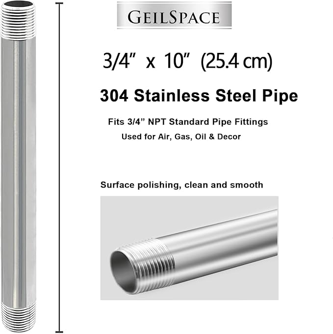 GeilSpace 3/4" x 10" Stainless Steel Pipe, 304 Pipe Nipple Fits Standard 3/4 Inch Threaded Pipes and Fittings, DIY Industrial Metal tube (2 PCS)