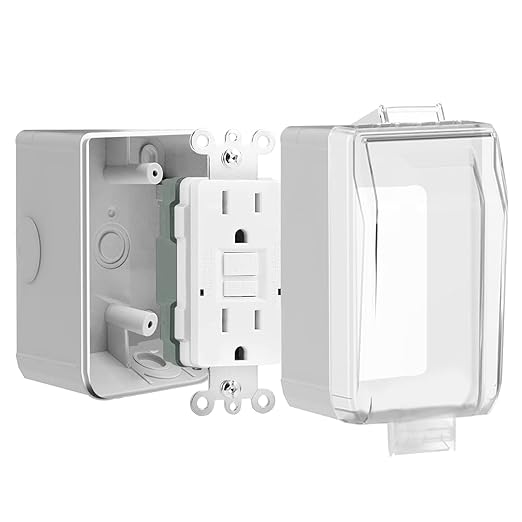 15 Amp GFCI Outdoor Electrical Outlet Box, Nonmetallic Heavy Duty Box IP66 Waterproof and NEMA 5-15 Self Test GFCI Outlet Kit, 3.15 Inch Deep, Lockable, Clear/Gray, UL Listed