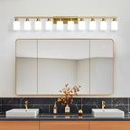 Gold Bathroom Vanity Light,10-Light Brushed Gold Bathroom Light Fixtures with Square Frosted Glass,64.5in Wall Lamp Sconces for Mirror Bedroom,Living Room Hallway,E26
