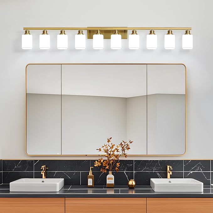 Gold Bathroom Vanity Light,10-Light Brushed Gold Bathroom Light Fixtures with Square Frosted Glass,64.5in Wall Lamp Sconces for Mirror Bedroom,Living Room Hallway,E26