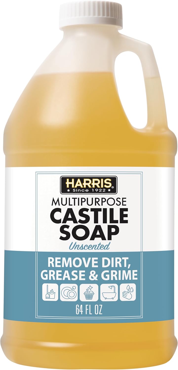 HARRIS Multi-Purpose Pure Liquid Castile Soap for Home Cleaning, Multi-Purpose Cleaner, For Dish Soap, Laundry Detergent, Kitchen and Bathroom Surfaces, Kids Rooms, Unscented, 64 Oz