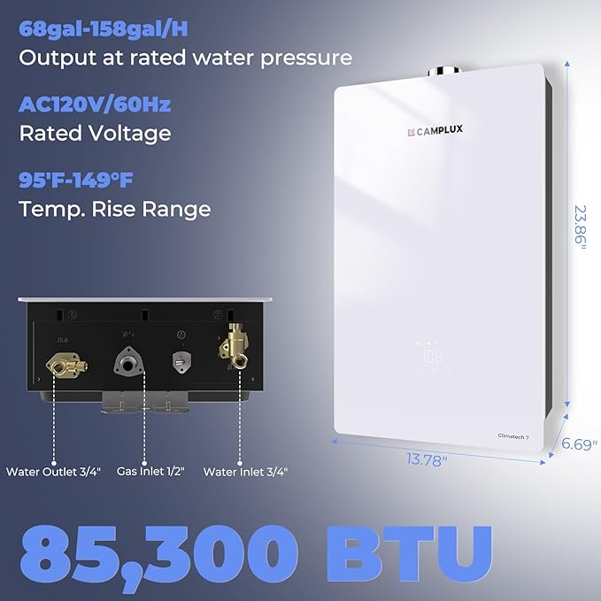CAMPLUX Climatech 7 Tankless Water Heater Gas 3.6 GPM, 85,300 BTU On Demand Instant Hot Water Heater Natural Gas Tempered Glass Panel, Indoor Installation, CA360WNG