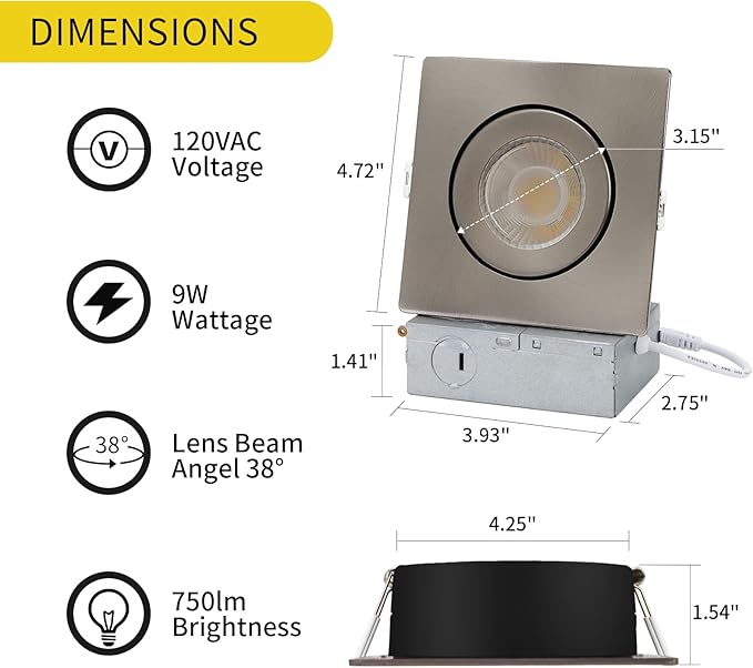 Brushed Nickel Recessed Lights Square 4 inch 6 Pack,Spot Recessed Lights,dimmable, 5CCT Selectable,9W 750LM