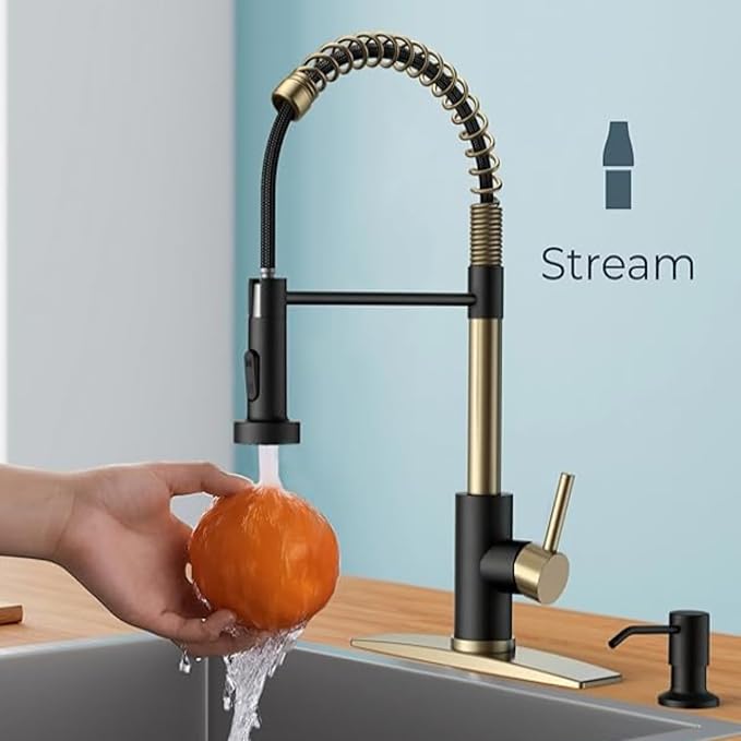 Smart Touch On Kitchen Faucet, 3 Modes Pull Down Sprayer, Sensor Activated, Ceramic Disc Valve, 360-Degree Rotation, 1 or 3 Hole Deck Plate. 10-Year Warranty. (KW-62GR, Brushed Gold/Black)