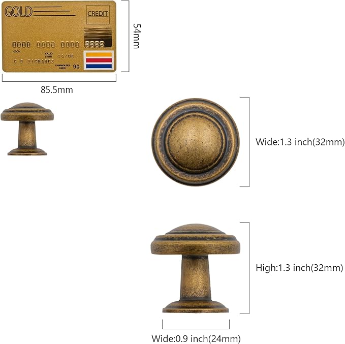 Amerdeco 10 Pack Antique Brass Cabinet Knobs Single Hole Cabinet Pulls 1 Inch Drawer Knobs for Bathroom Cabinets ZH0086