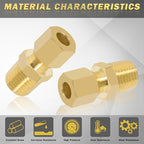 Brass Compression Tube Fitting, Straight Coupling Adapter, 10 PCS 1/4" OD x 1/4" NPT Male Union Connector 1/4" OD Compression x 1/4" NPT Male & 10 PCS Compression Sleeves Ferrules
