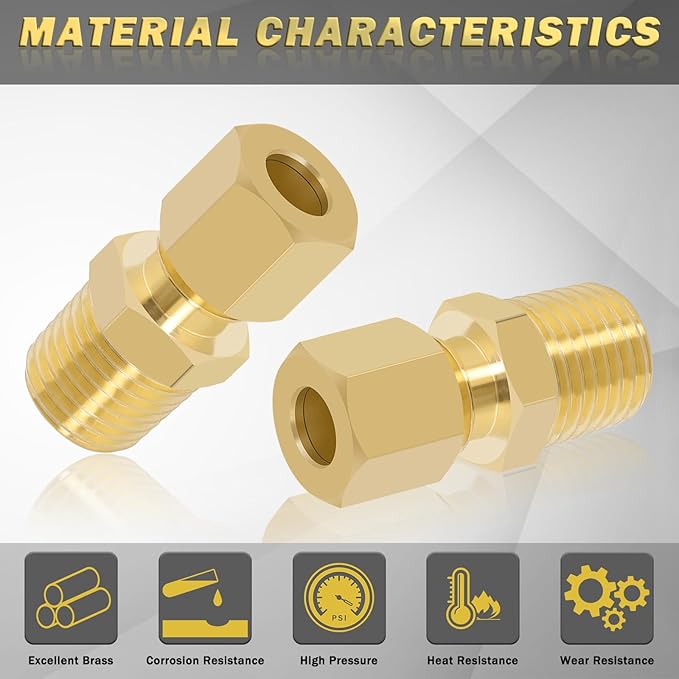 Brass Compression Tube Fitting, Straight Coupling Adapter, 10 PCS 1/4" OD x 1/4" NPT Male Union Connector 1/4" OD Compression x 1/4" NPT Male & 10 PCS Compression Sleeves Ferrules