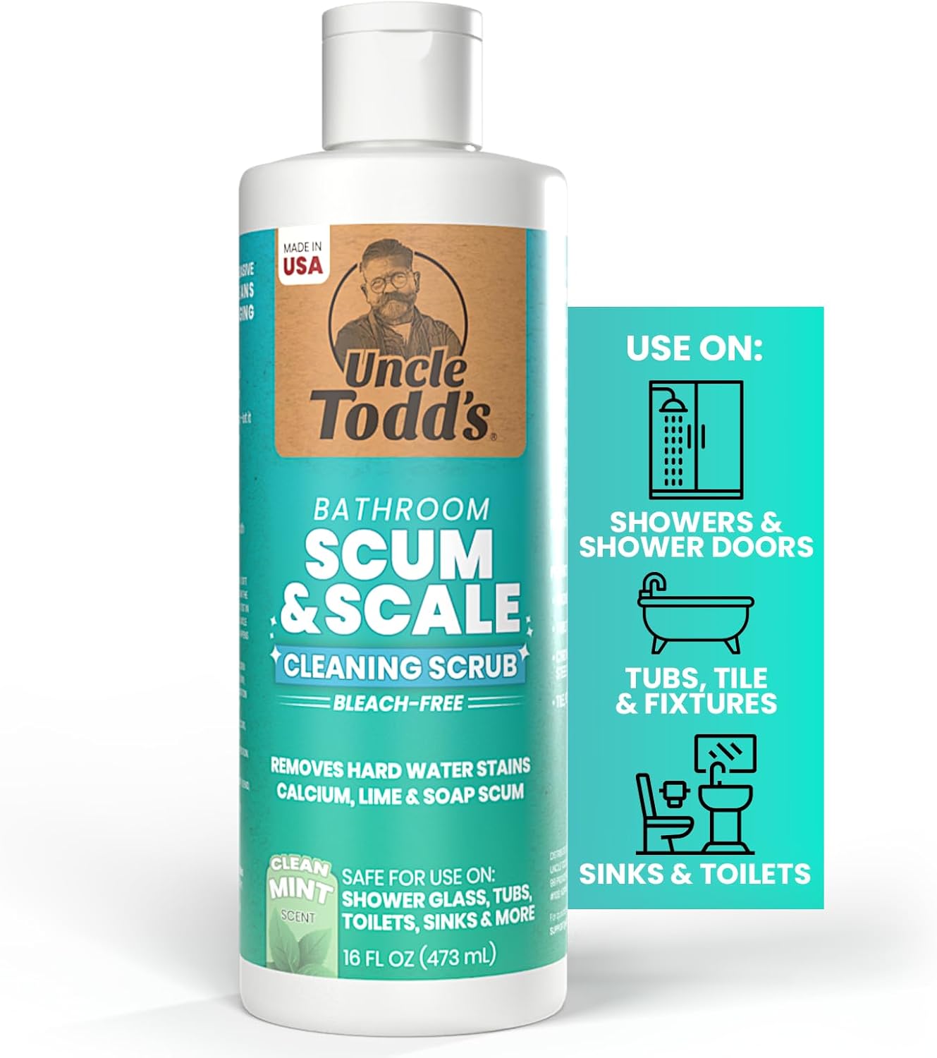 Uncle Todd's Scum & Scale Bathroom Cleaner Hard Water Stain & Soap Scum Remover – Bleach-Free, Heavy Duty Calcium Lime Rust Cleaner for Shower, Glass, Toilet, Tub & Sink – 16oz