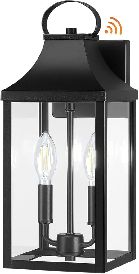 15" Dusk to Dawn Black Outdoor Wall Lantern 2-Light, Outside Modern Wall Sconce Light Fixture, Industrial Porch Light with E12 Sockets, Waterproof Exterior Lamp Lighting, Black