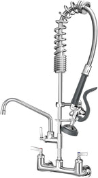 Commercial Kitchen Faucet Heavy Duty Wall Mount Sink Faucet, 8 Inch Center 25 Inch Commercial Kitchen Faucet with Pre-Rinse Sprayer （Grey） and 10 Inch Add-On Spout for 1,2,3 Compartment Sinks