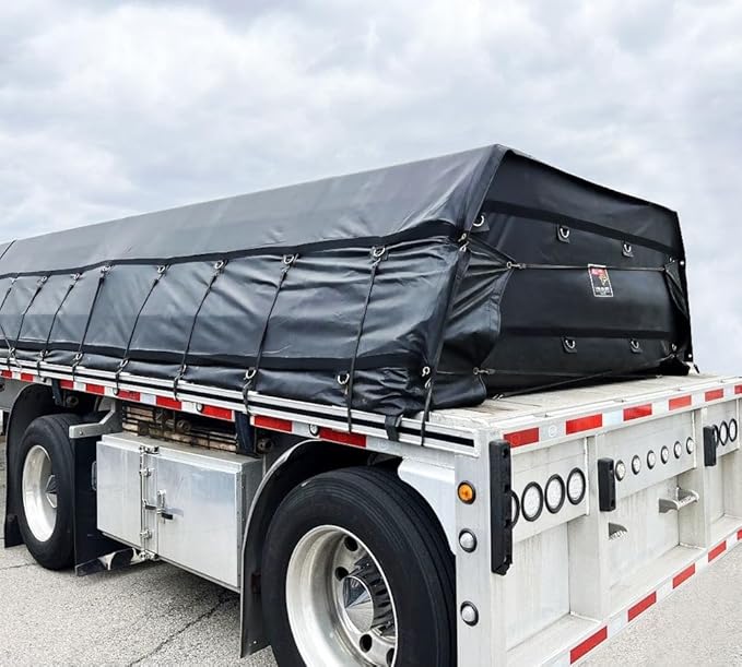 Mytee Products 16' x 27' Flatbed Truck 18 Oz Steel Tarp with 4 FT Drop & Flap - Black Heavy Duty Vinyl Waterproof Tarp for Trailers to Protect Cargo from Wind, Rain, Snow and Sun