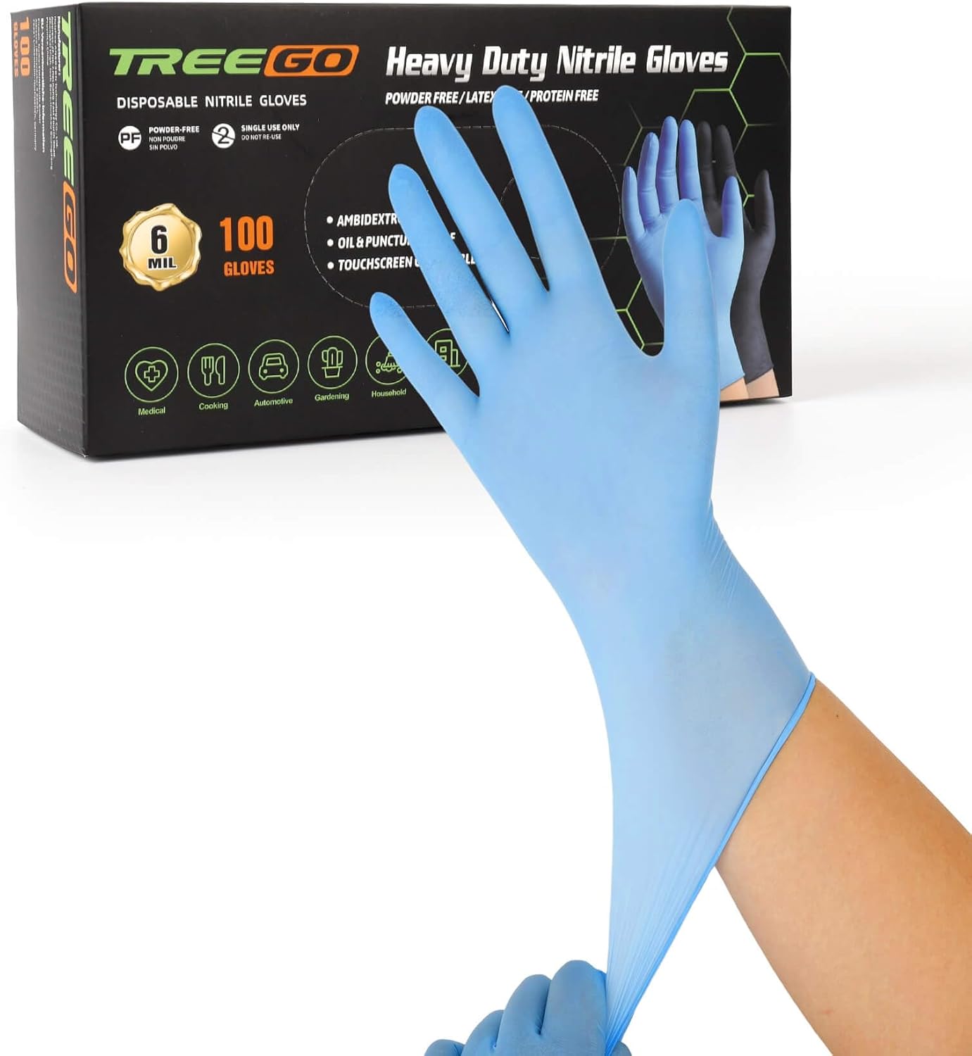 TREEGO 6 Mil Nitrile Gloves – Medical Grade Heavy Duty Disposable Gloves, Latex & Powder Free, Chemical Resistant