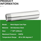 TAISHER 1PCS 304 Stainless Steel Pipe Fittings, 1" NPT Male Threaded, 8" Length Weld Nipple Cast Pipe