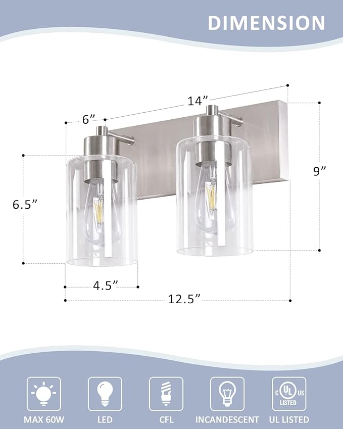 Bathroom Light Fixtures, 2-Light Brushed Nickel Bathroom Vanity Light, Modern Wall Sconces with Clear Glass Shade for Hallway Kitchen Foyer