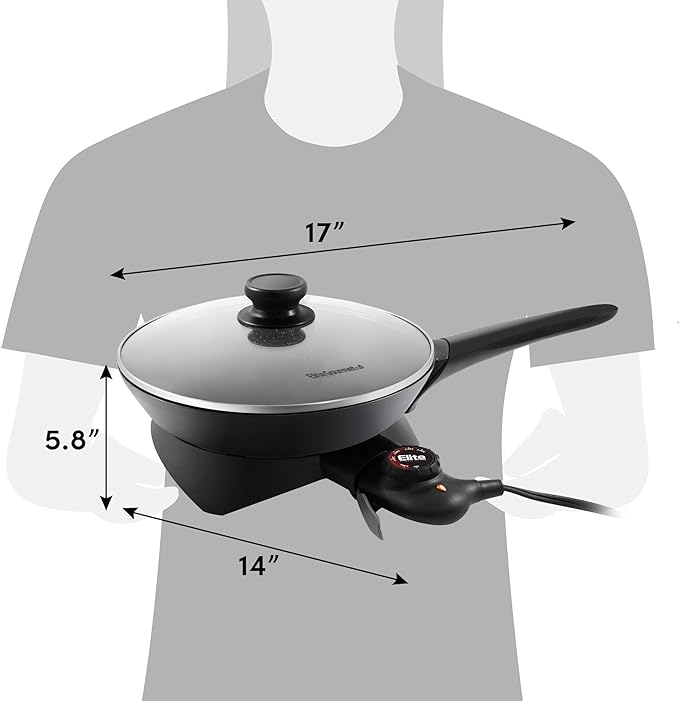 Elite Gourmet EG6207 Scratch Resistant 10.5-inch (2Qt) Fry Pan, Easy-Pour Spout Dishwasher Safe, Non-stick Electric Skillet with Glass Vented Lid, Adjustable Temperature, Black