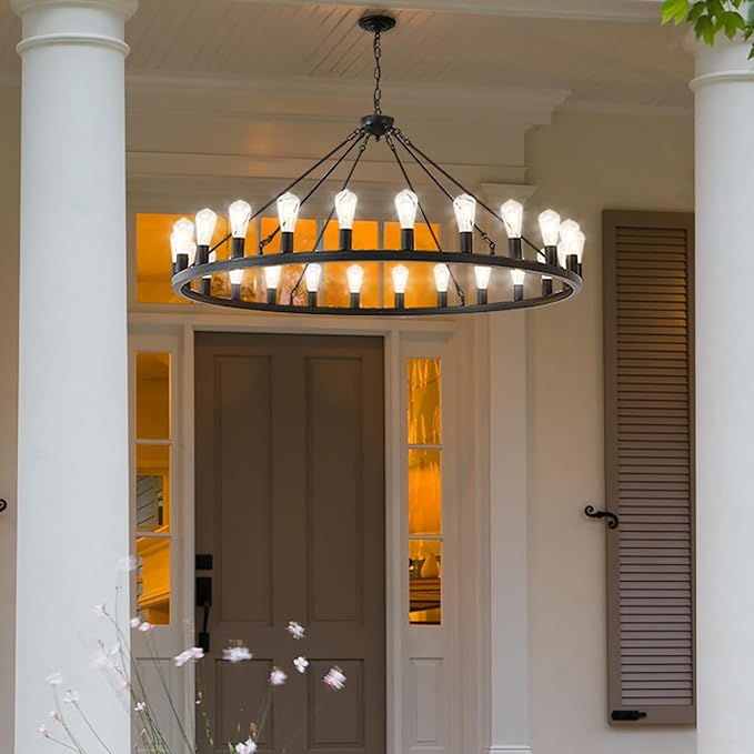 53” Large Farmhouse Wagon Wheel Chandelier,Black Rustic Chandelier 24-Lights,Round Dining Room Light with Adjustable Height,Industrial Ceiling Light Fixtures for Kitchen,Foyer,Porch,Living room