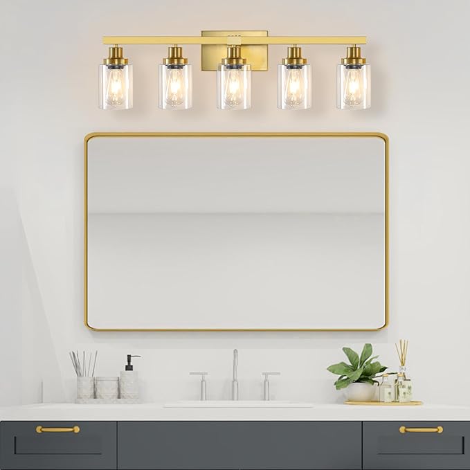 5 Light Gold Bathroom Vanity Light, Bathroom Light Fixtures, 31" Modern Brushed Gold Vanity Lighting Fixtures for Bathroom Over Mirror, Gold Sconces Wall Lighting for Bedroom