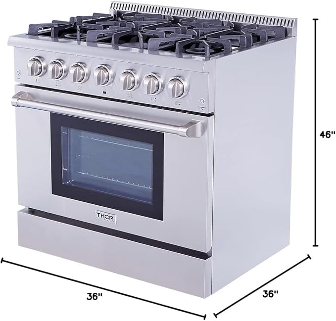 THOR Kitchen Freestanding Professional 36-Inch Gas Range with Blue Porcelain Oven Interior In Stainless Steel - Model HRG3618U