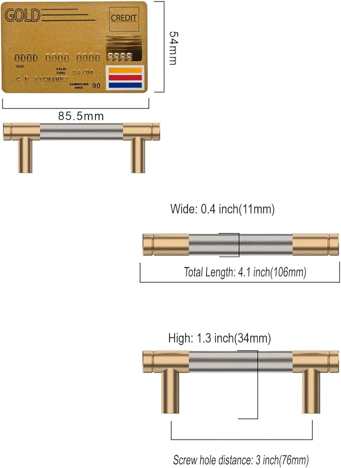 Amerdeco 10 Pack Champagne Bronze and Brushed Nickel Knurled Cabinet Pulls 3 Inch Hole Center to Hole Center Kitchen Cabinet Handles for Drawer Dresser, Cupboard and Wardrobe ZH0040