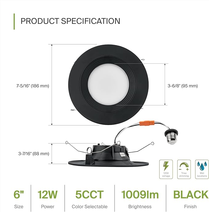 ASD Retrofit LED Recessed Lighting 6 Inch | Black 12W 1009 Lm Wet Rated Dimmable Ceiling Downlights | 2700K-5000K Adjustable CRI90 Room Recessed Light Fixtures | LED Can Lights, UL 12 Pack