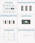 Short Extension Cord 2 inch, Small Power Strip Flat Outlet Extender Surge Protector with 8 AC Outlets 6 USB (5V/4.8A 24W), Mini Extension Cord Flat Wall Plug for Home Office Dorm Kitchen Bathroom