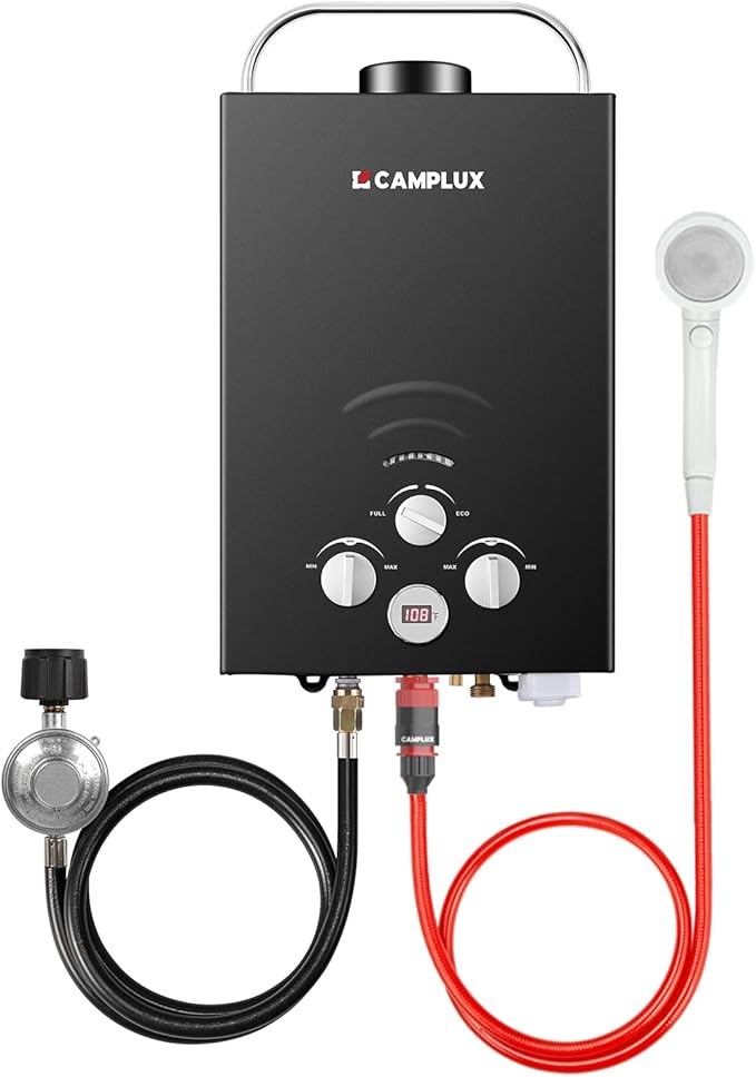 CAMPLUX Portable Tankless Water Heater 1.58 GPM, BW158B Outdoor Propane Water Heater Camping, 41,000 BTU, Black