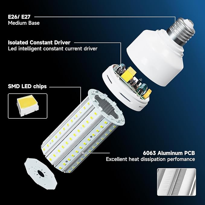 60W LED Corn Bulb 500W Equivalent Led Light Bulb 7500 Lumen Bright 5000K Daylight White E26/E27 Medium Base for Large Area Outdoor Indoor Garage Warehouse Factory Backyard