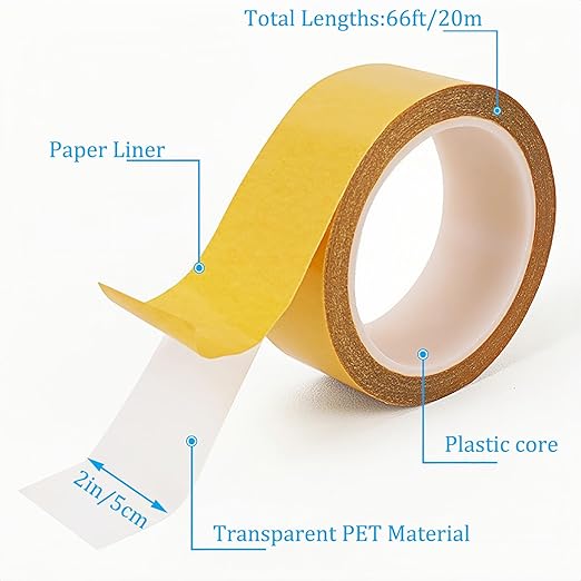 Ultra Thin Double Sided Tape Heavy Duty - 0.125mm Thick Clear Strong Adhesive Two Sided Stick Tape for Woodworking,Photos,Posters,Rugs,DIY Projects,Crafts,2 in x 66 ft Roll, Removable,Residue Free