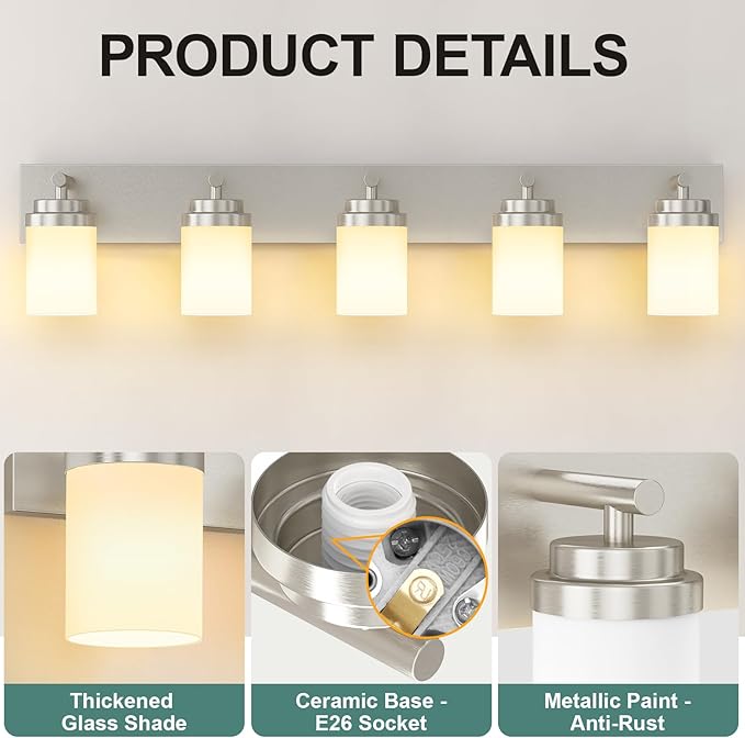 IZORRO Bathroom Vanity Light Fixture, 5-Light 36 Inch Brushed Nickel Bathroom Light Fixtures Over Mirror, with White Glass Shade, Modern Farmhouse Vanity Lights, Rustic Restroom Lighting Fixtures