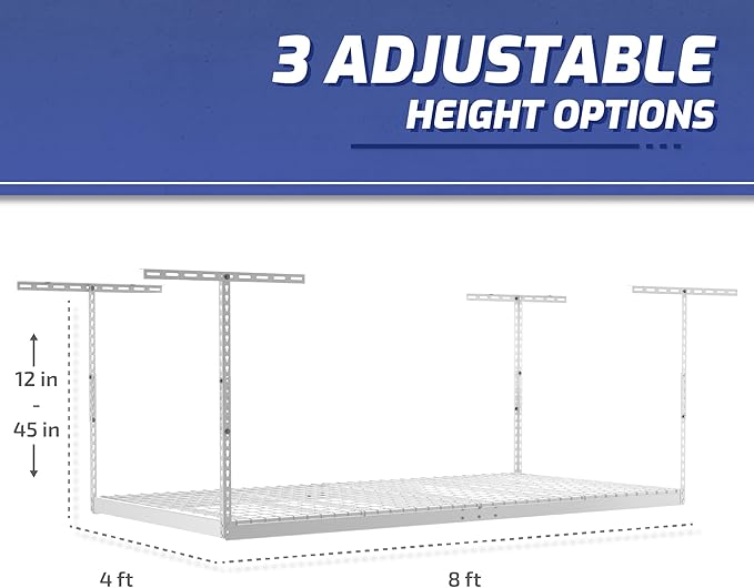 SafeRacks Overhead Garage Storage Rack, Heavy Duty Racks for Garage w/ 600 lb Capacity, Easy Garage Storage Adjustable Storage Rack Ceiling Mount Storage for Garage 4x8 White, 24"-45" (2 Pack)