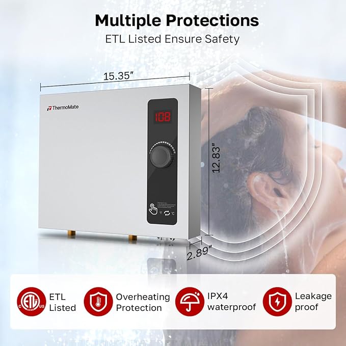 Tankless Water Heater Electric, ThermoMate 14kW 240 Volt On Demand Instant Hot Water Heater for Shower, Self-Modulating LED Display Knob Control, ETL Certified, 2.66GPM at 35°F Rise ET140