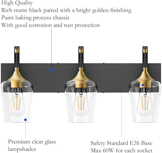 Ralbay Black/Gold Vanity Light Fixtures 3-Lights Industrial Black/Gold Bathroom Vanity Light with Clear Glass Vintage Edison Bathroom Wall Lighting Fixtures