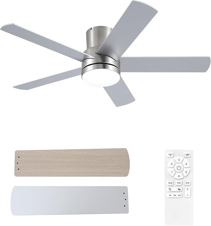 42 Inch Nickel Ceiling Fan with Light Flush Mountand Remote Control,Dimmable 3 Color Temperatures LED Ceiling Fan,6 Speed Reversible DC Motor,5 Blades Modern Ceiling Fans for Indoor or Covered Outdoor