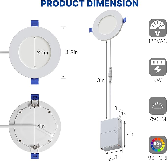 12 Pack 4 Inch LED Recessed Ceiling Light with Night Light| 5CCT Dimmable 2700K-5000K| RA90 750LM 9W 120V| Ultra-Thin High Brightness Canless Wafer Downlight with Junction Box| IC ETL FCC