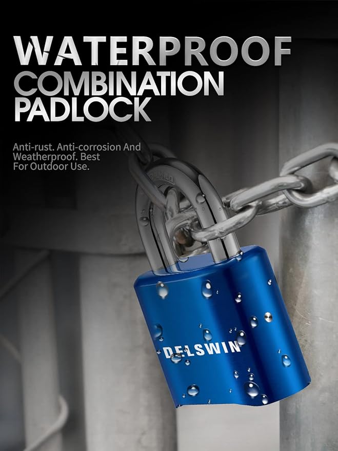 DELSWIN 4-Digit Combination Lock Outdoor Padlock - Heavy Duty Locker Lock with Hardened Steel Shackle, Waterproof Combo Lock for Gym Locker, Hasp Storage, Shed, Fence, Gate (Blue,1Pcs)