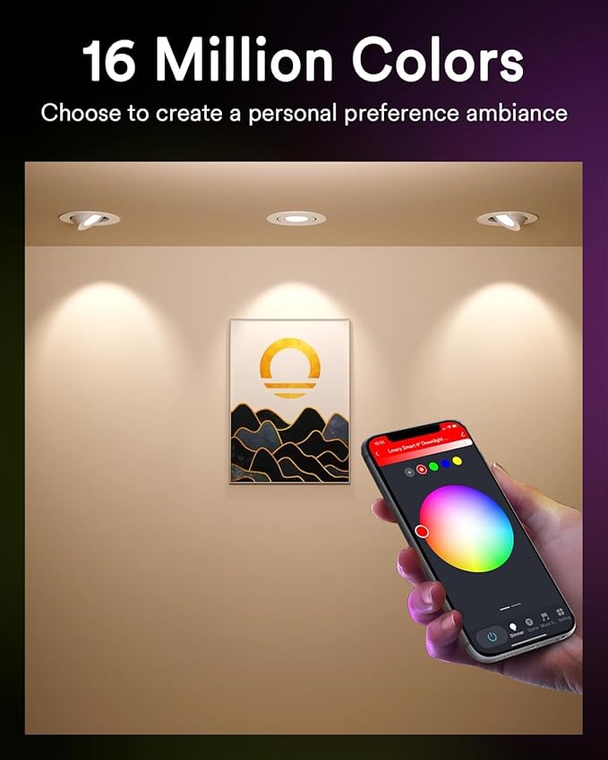 Lumary 4 Inch Smart Gimbal Recessed Lighting, 9W 810Lm ETL-Listed Eyeball Soffit Light, 40° Tilt Directional Color Changing LED Ceiling Downlight, Work with Alexa/Google Assistant, CRI 90+, 4Pack