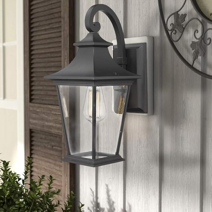 Emliviar Outdoor Wall Lantern, 1-Light Exterior Wall Mount Light with Clear Glass in Black Finish, 18" Height, 500181