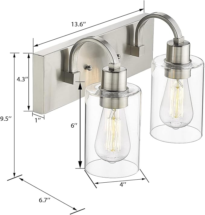 Emliviar 2-Light Bathroom Vanity Light - Bathroom Light Fixture in Brushed Nickel Finish with Clear Glass, YCE237B-2W BN