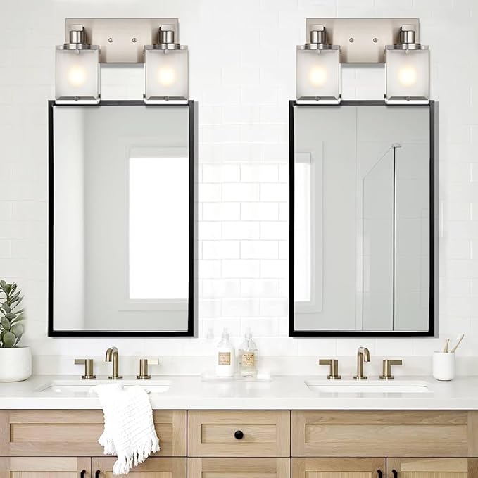 2-Lights Wall Sconce Lighting, Brushed Nickel Bathroom Vanity Light Fixture with Rectangular Frosted Glass for Over Mirror, E26 Bulb Base