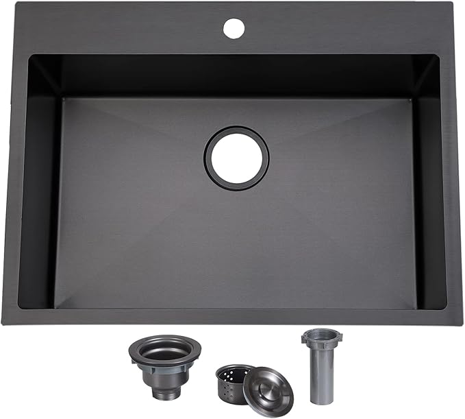 SHACO 28 Inch Black Drop In Stainless Steel Kitchen Sink, Gunmetal Black Top Mount RV Laundry Utility 9 Inch Deep Single Bowl Basin Wet Bar Prep Sink