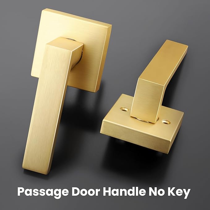EHOMEWARE 2 Pack Closet Door Handles Interior Non-Locking Lever Set for Hallway Door or Closet with Satin Brass Finish, Reversible for Right or Left Side